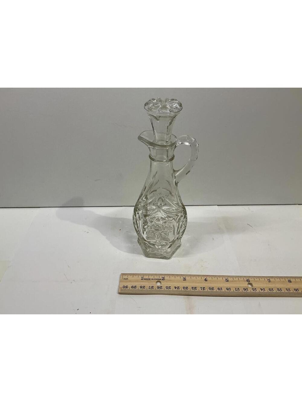 Vintage Glass Cruet Bottle w/ Stopper Oil Vinegar Starburst Pattern Handle